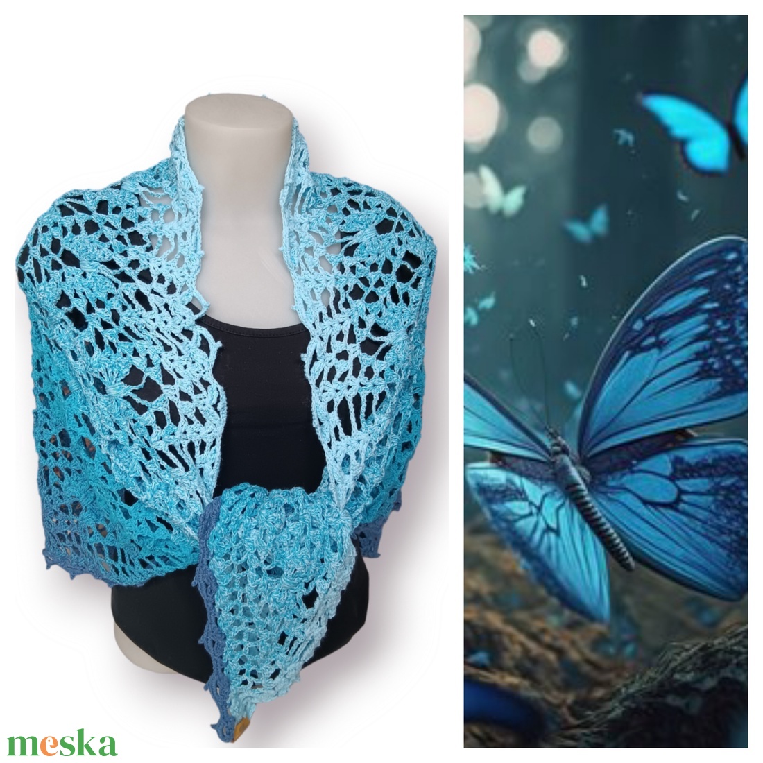 Horgolt kendő - Blue butterflies - ruha & divat - sál, sapka, kendő - kendő - Meska.hu Horgolt kendő - Blue butterflies - ruha & divat - sál, sapka, kendő - kendő - Meska.hu