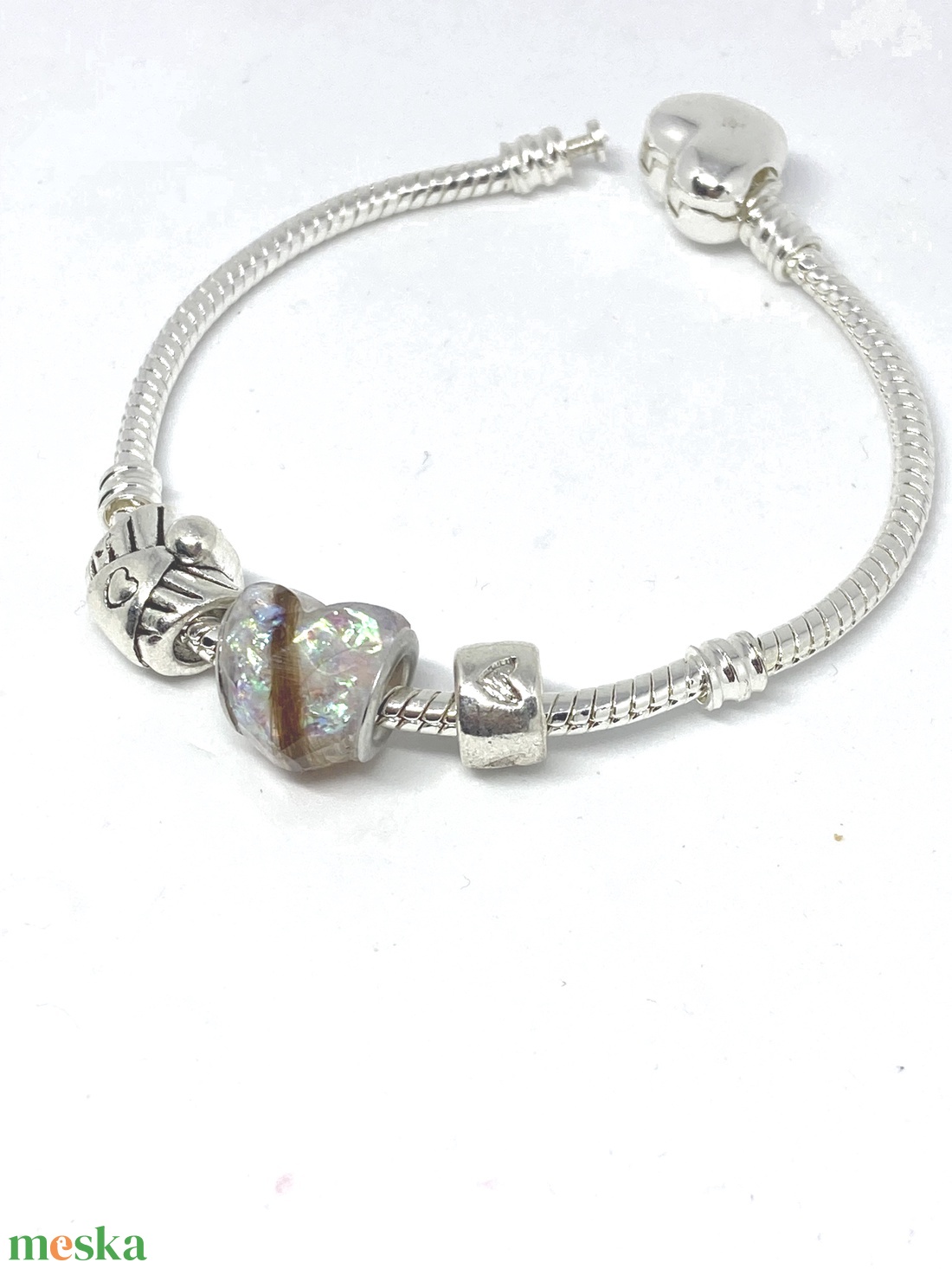 Fazettált szív alakú Pandora tipusú gyöngy, Babahajas,  hajtincses emlékőr  - ékszer - nyaklánc - medálos nyaklánc - Meska.hu