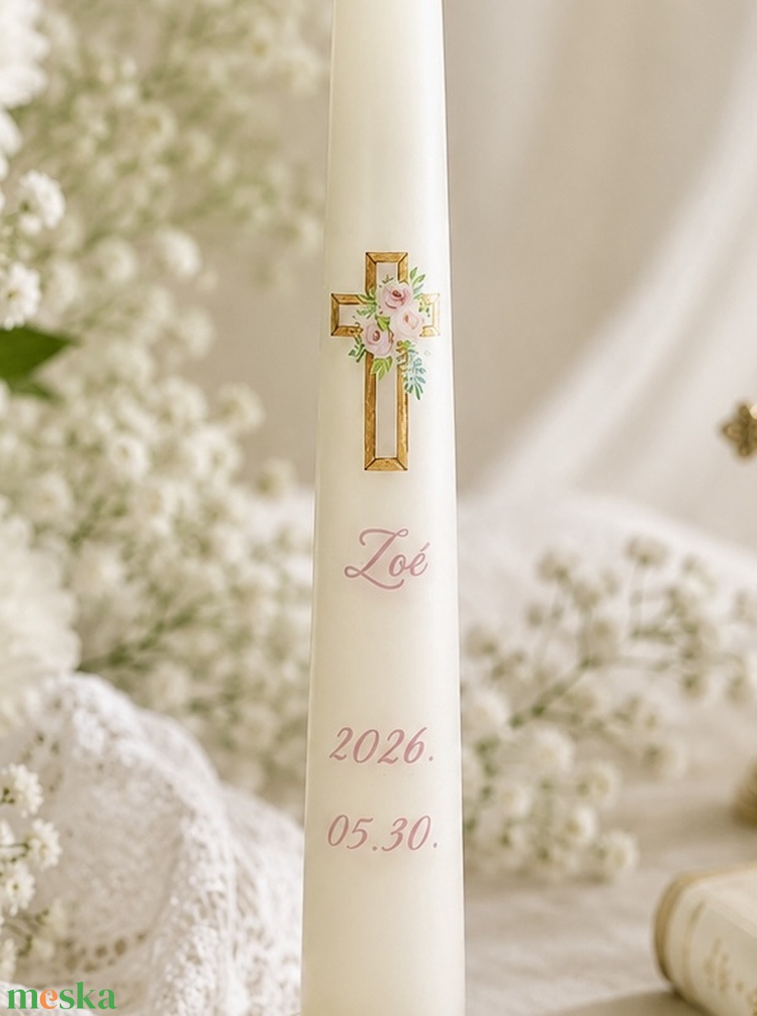 Egyedi feliratos vékony keresztelői gyertya tartóval - baba - mama - keresztelő kellékek - keresztelő gyertya - Meska.hu