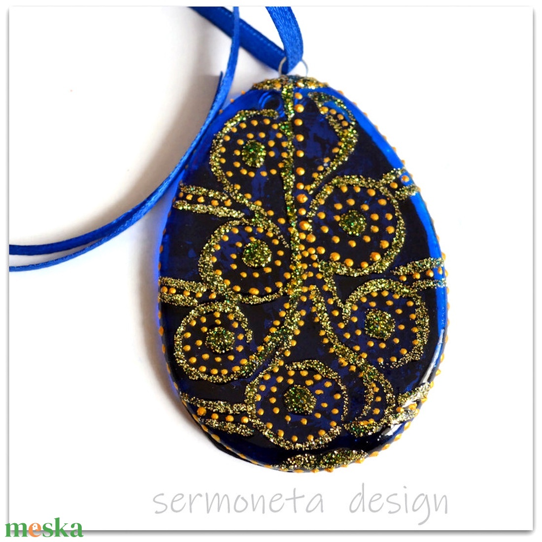 Fabergé stílusú húsvéti tojás olvasztott üvegből, húsvéti dísz, szalaggal felakasztható dísz - otthon & életmód - dekoráció - fali és függő dekoráció - függődísz - Meska.hu