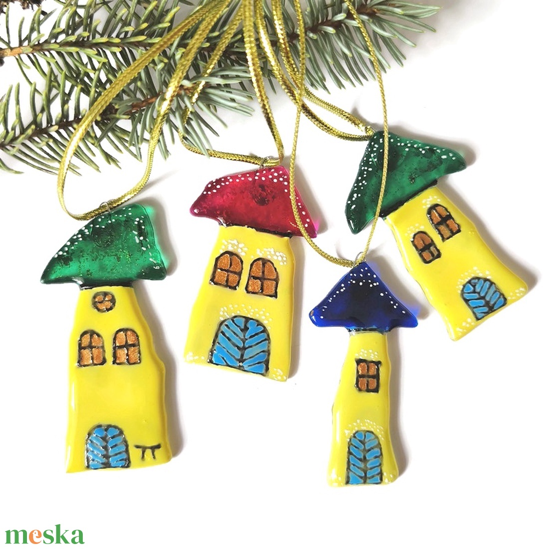 Színes  házikók, üveg karácsonyfadísz - karácsony - karácsonyi lakásdekoráció - karácsonyfadíszek - Meska.hu