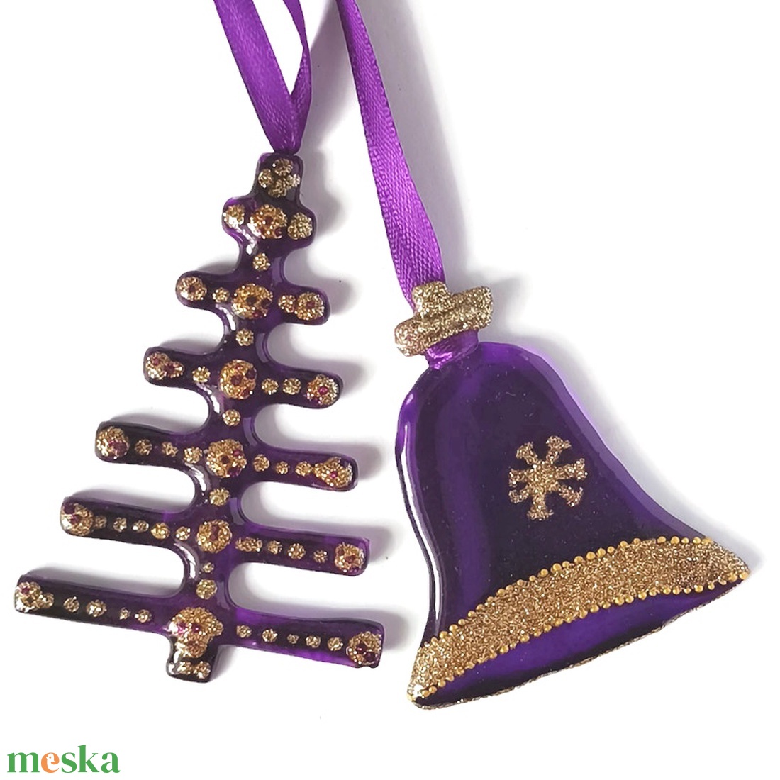  Harang és fenyőfa formájú lila üveg karácsonyfadísz arany díszítéssel - karácsony - karácsonyi lakásdekoráció - karácsonyfadíszek - Meska.hu