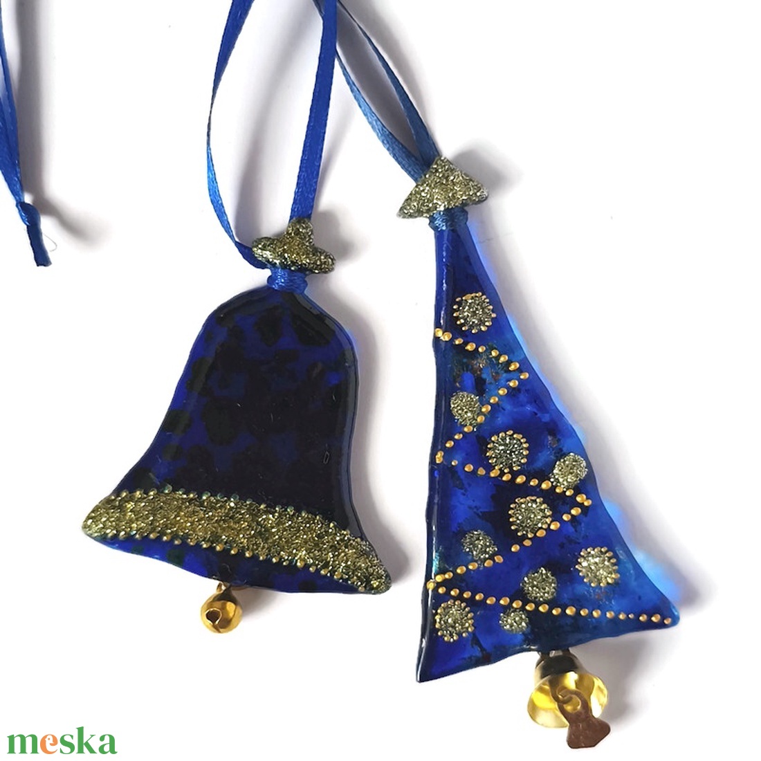 Harang és fenyőfa formájú kék üveg karácsonyfadísz arany dísztéssel - karácsony - karácsonyi lakásdekoráció - karácsonyfadíszek - Meska.hu