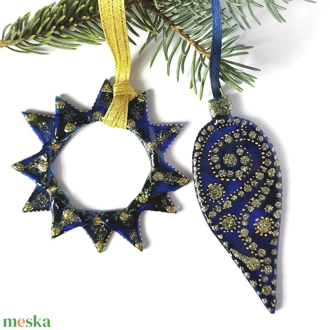 Csepp és csillag formájú kék  üveg karácsonyfadísz arany díszítéssel - karácsony - karácsonyi lakásdekoráció - karácsonyfadíszek - Meska.hu
