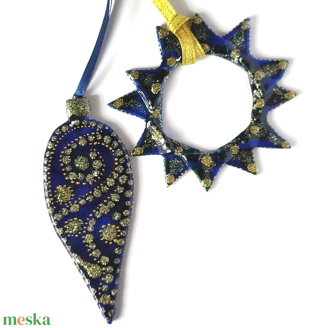 Csepp és csillag formájú kék  üveg karácsonyfadísz arany díszítéssel - karácsony - karácsonyi lakásdekoráció - karácsonyfadíszek - Meska.hu