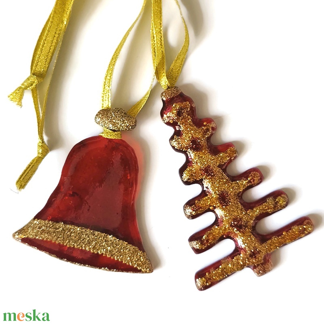 Piros harang  és fenyőfa  üveg karácsonyfadísz  arannyal  díszítve - karácsony - karácsonyi lakásdekoráció - karácsonyfadíszek - Meska.hu