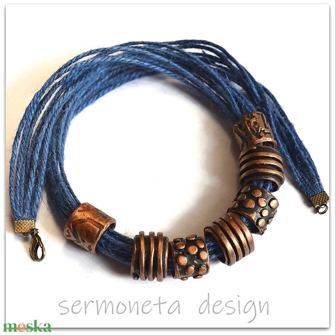 Bronz csőgyöngy nyaklánc ékszergyurmából, többsoros színes kenderzsinórra fűzve - ékszer - nyaklánc - gyöngyös nyaklánc - Meska.hu