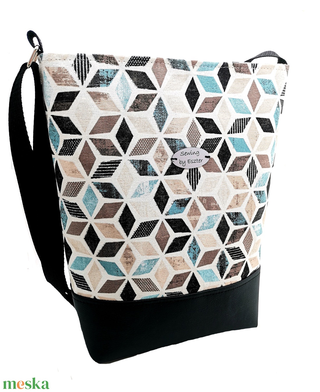 Geometriai mintás Női nagy táska - Kék, szürke és fekete színben  - táska & tok - kézitáska & válltáska - válltáska - Meska.hu