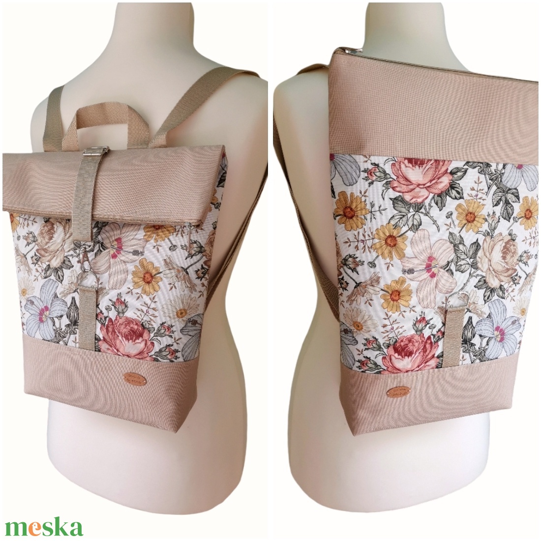 Bézs virágos Roll Top Vízálló Hátizsák / Hátitáska - Több méret - táska & tok - hátizsák - roll top hátizsák - Meska.hu