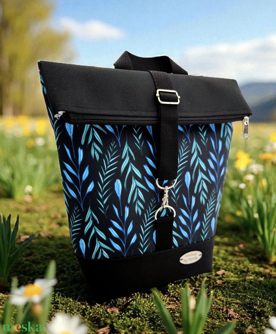 Kék és menta leveles Roll Top Hátizsák / Hátitáska - Több méret - táska & tok - hátizsák - roll top hátizsák - Meska.hu