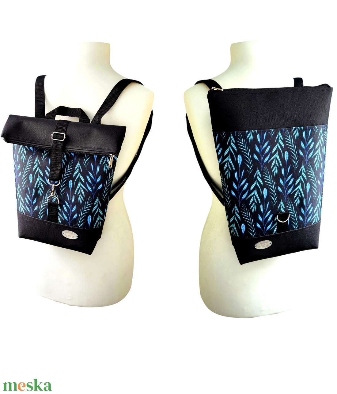 Kék és menta leveles Roll Top Hátizsák / Hátitáska - Több méret - táska & tok - hátizsák - roll top hátizsák - Meska.hu