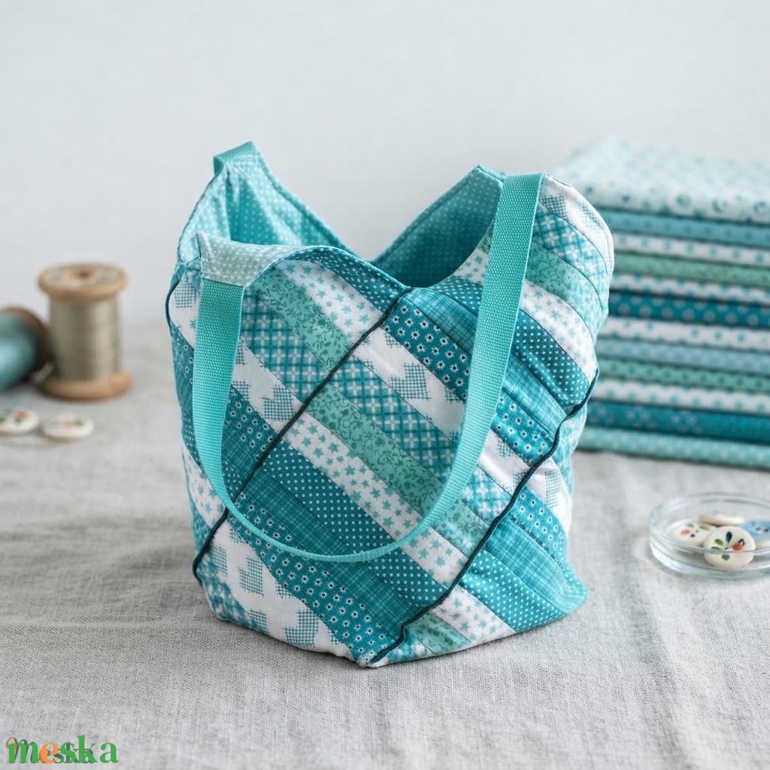 Mentazöld Patchwork bevásárlótáska - táska & tok - bevásárlás & shopper táska - shopper, textiltáska, szatyor - Meska.hu