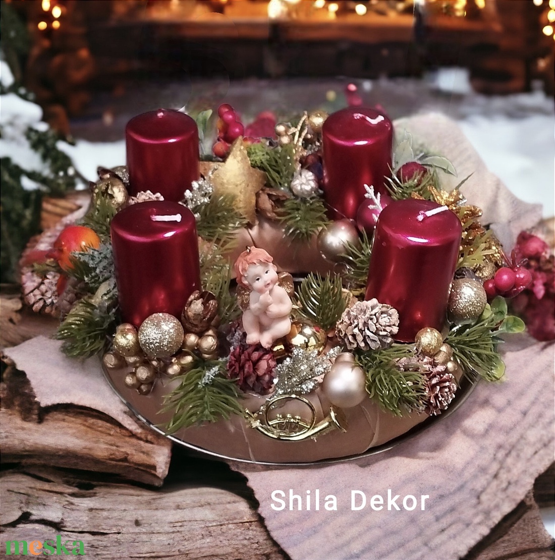 Piros arany adventi koszorú  - karácsony - adventi díszek - adventi koszorú - Meska.hu