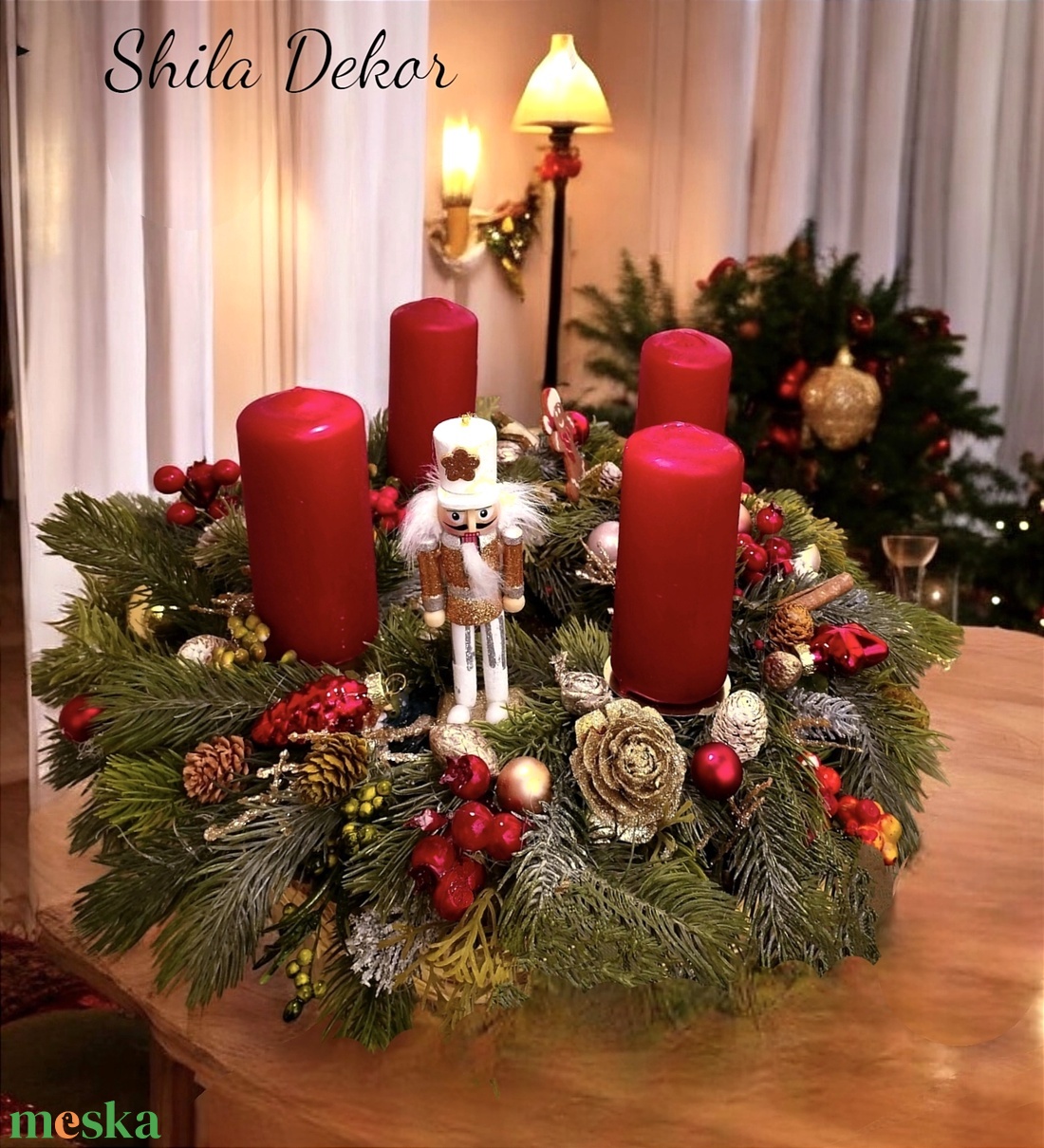 LED -es Piros arany adventi koszorú  - karácsony - adventi díszek - adventi koszorú - Meska.hu