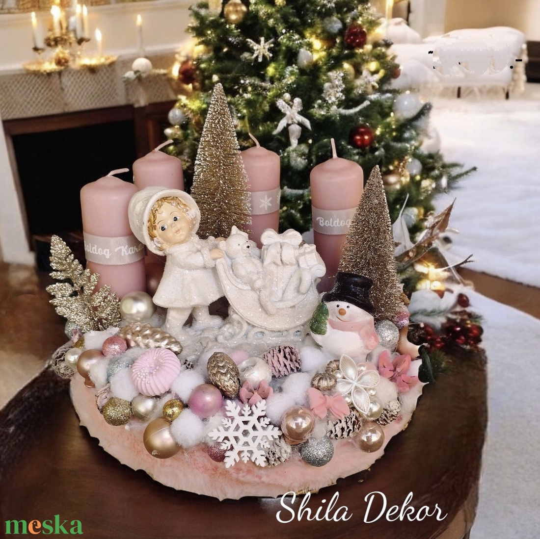 Rózsaszín arany adventi koszorú  - karácsony - adventi díszek - adventi koszorú - Meska.hu