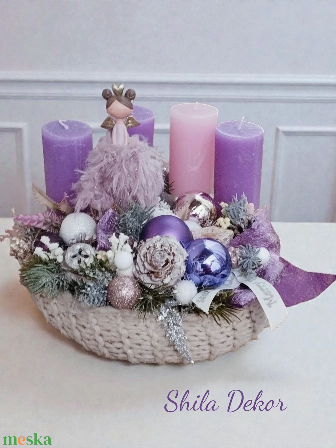 Lila adventi koszorú  - karácsony - adventi díszek - adventi koszorú - Meska.hu