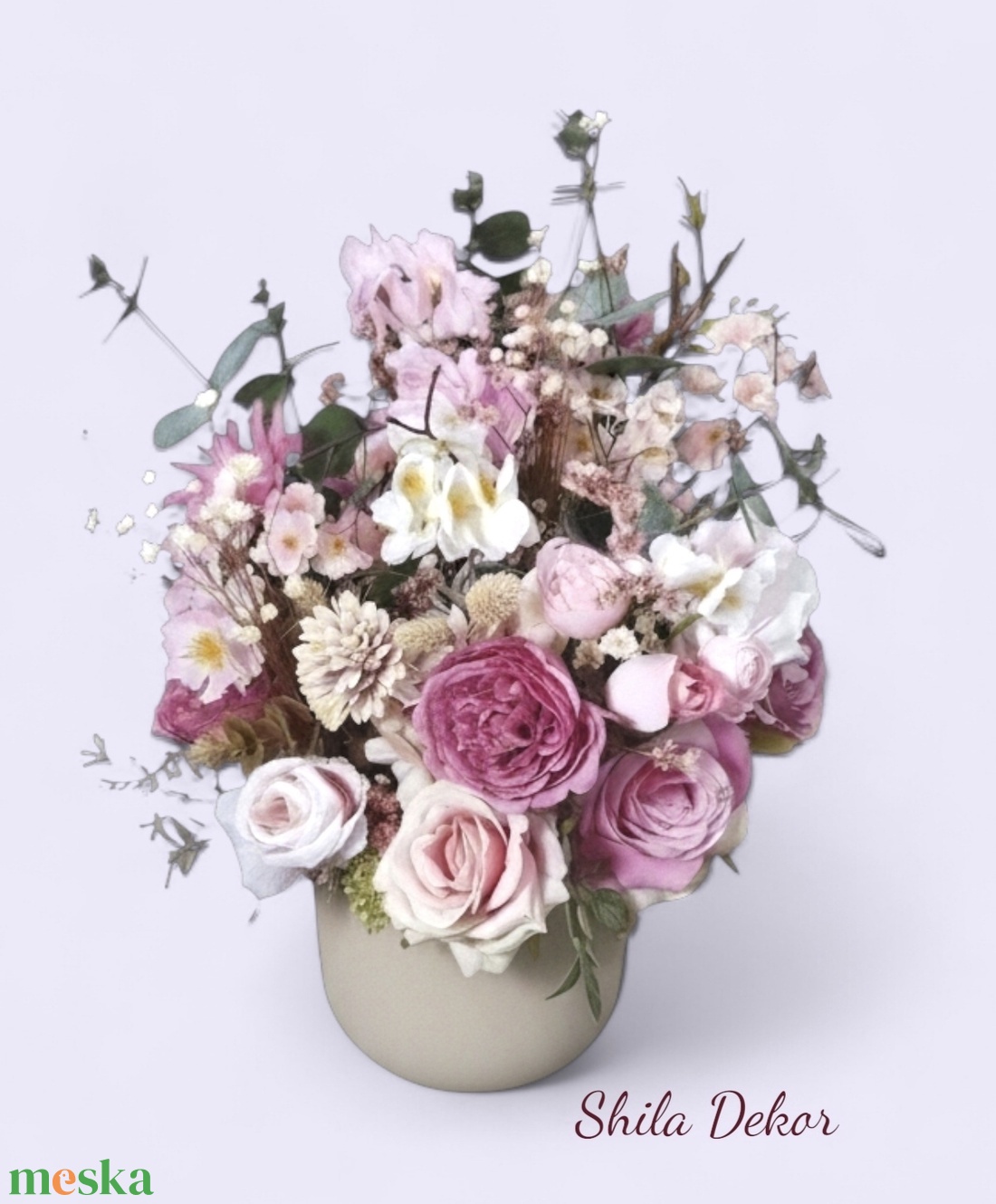 Vintage rózsaszín csokor szürke kaspóban  - otthon & életmód - dekoráció - asztal és polc dekoráció - asztaldísz - Meska.hu