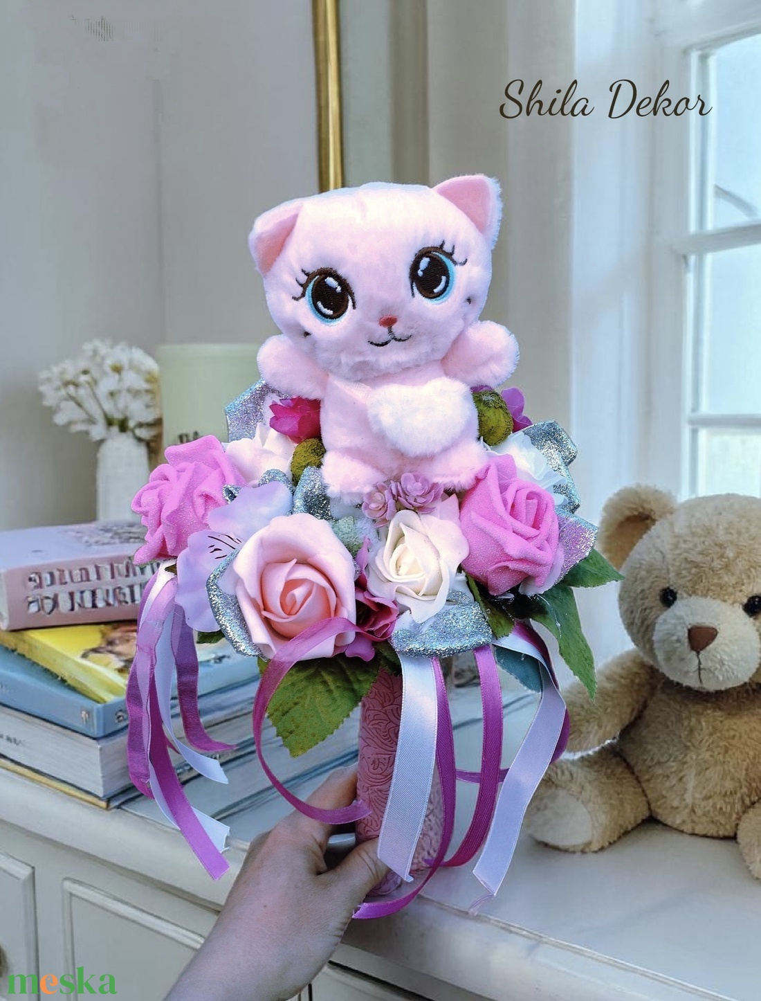 Ballagási csokor cicás - otthon & életmód - virágdekoráció - virágok - virágcsokor - Meska.hu