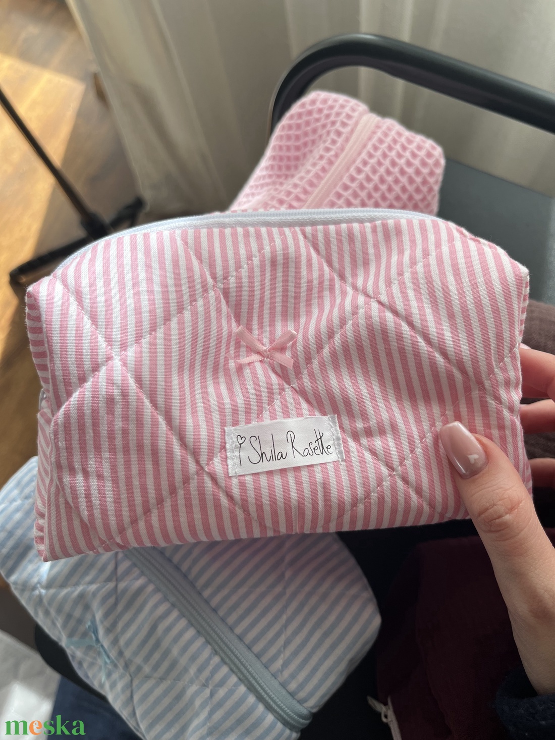 'Rosie' Beauty Case pamut steppelt neszesszer rózsaszín masnival - táska & tok - neszesszer - Meska.hu