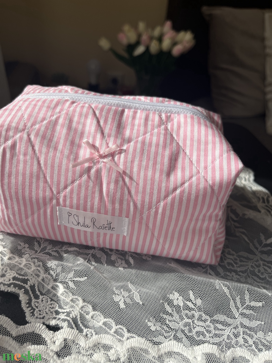 'Rosie' Beauty Case pamut steppelt neszesszer rózsaszín masnival - táska & tok - neszesszer - Meska.hu