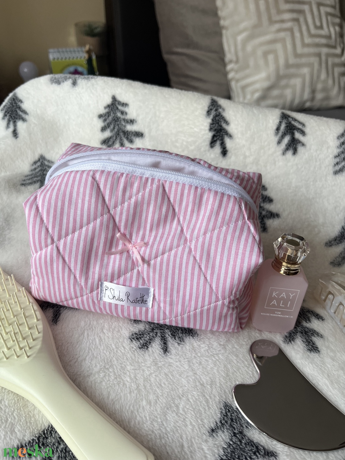 'Rosie' Beauty Case pamut steppelt neszesszer rózsaszín masnival - táska & tok - neszesszer - Meska.hu