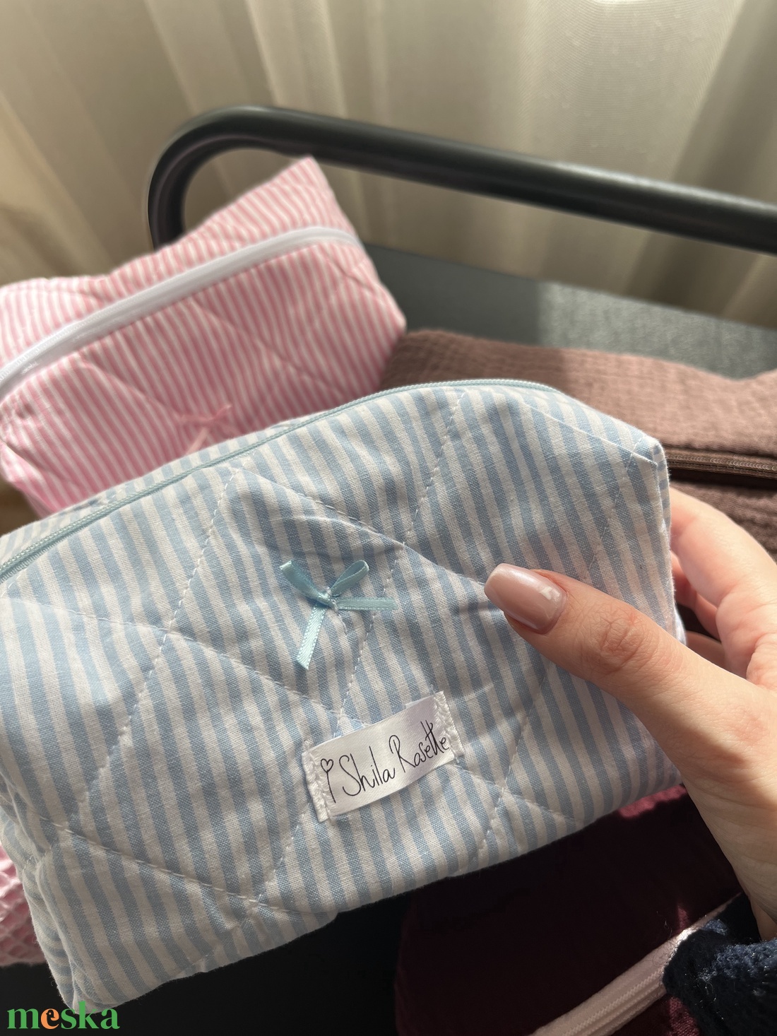 'Bluebell' Beauty Case pamut steppelt neszesszer kék masnival - táska & tok - neszesszer - Meska.hu