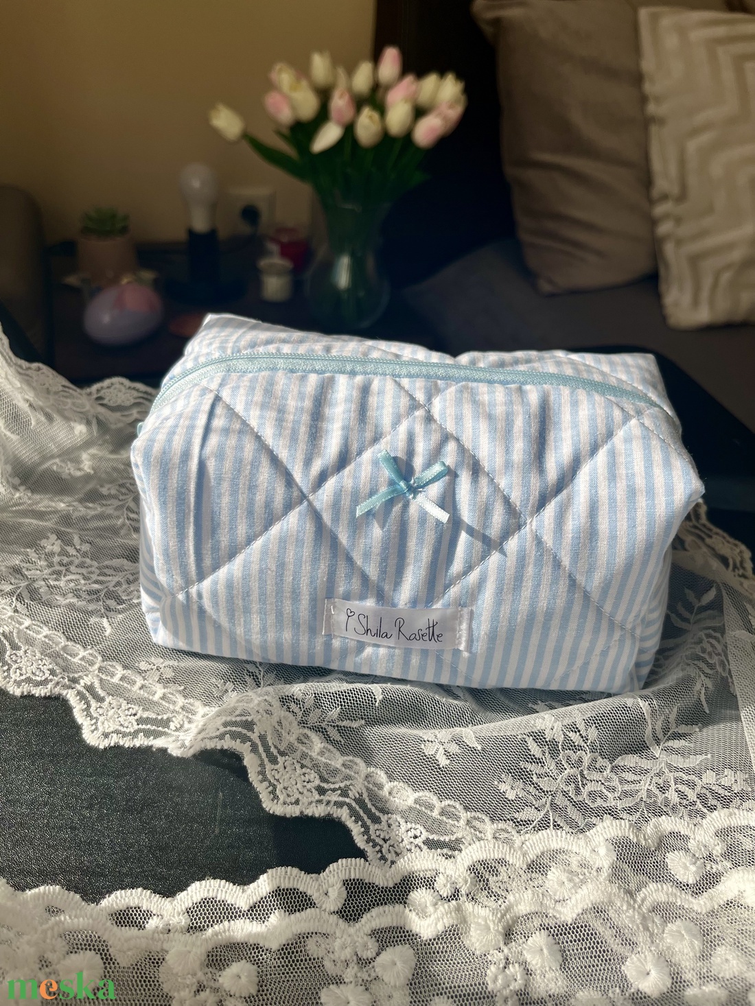 'Bluebell' Beauty Case pamut steppelt neszesszer kék masnival - táska & tok - neszesszer - Meska.hu
