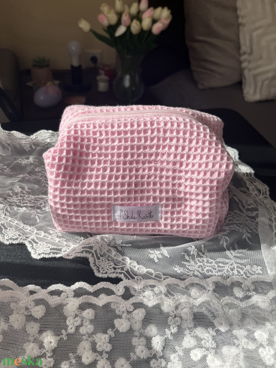 'Aurora' Beauty Case pamut waffle babarózsaszín neszesszer - táska & tok - neszesszer - Meska.hu