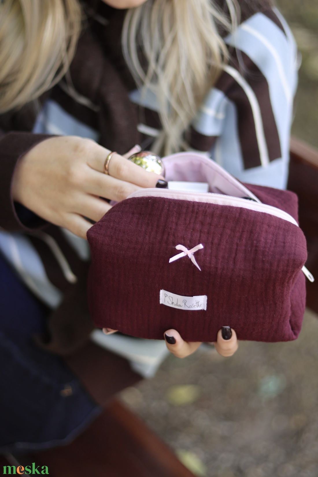 'Amélie' Beauty Case pamut neszesszer rózsaszín masnival - táska & tok - neszesszer - Meska.hu