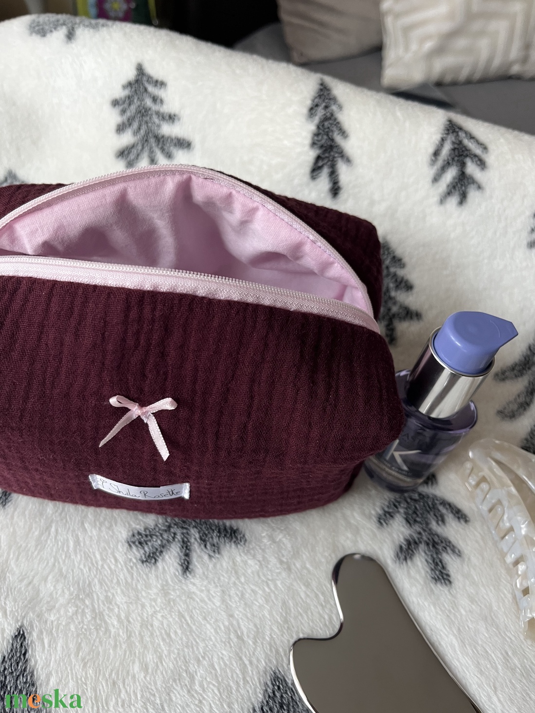 'Amélie' Beauty Case pamut neszesszer rózsaszín masnival - táska & tok - neszesszer - Meska.hu