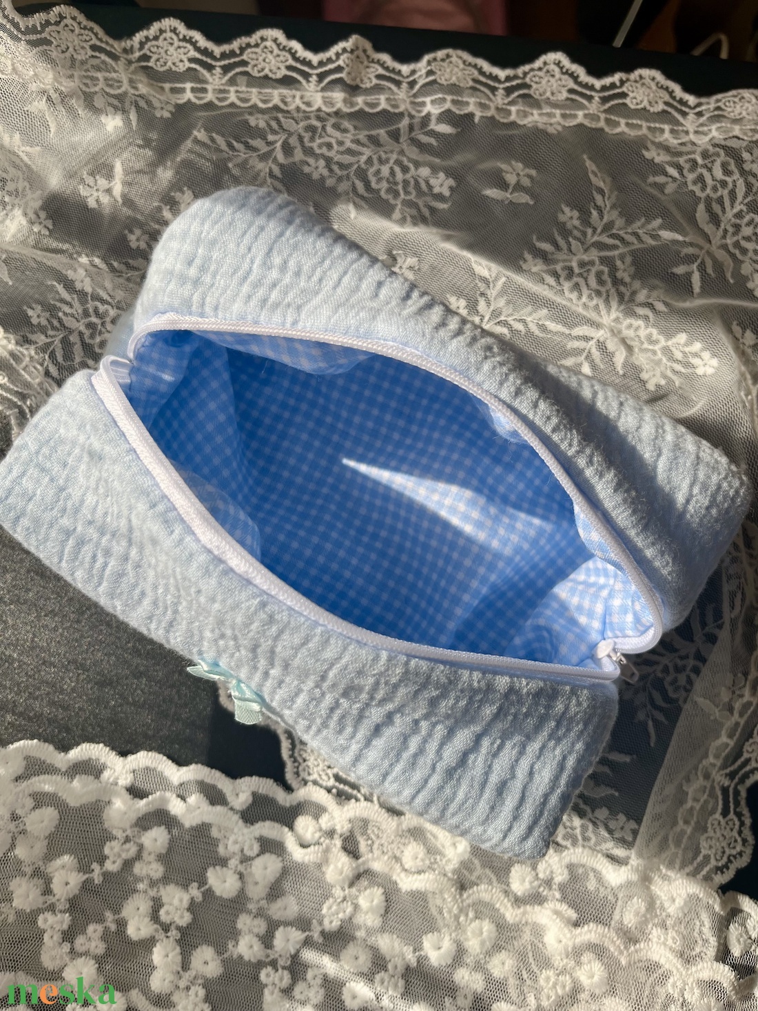 'Luna' Beauty Case pamut neszesszer masnival és kockás béléssel - táska & tok - neszesszer - Meska.hu