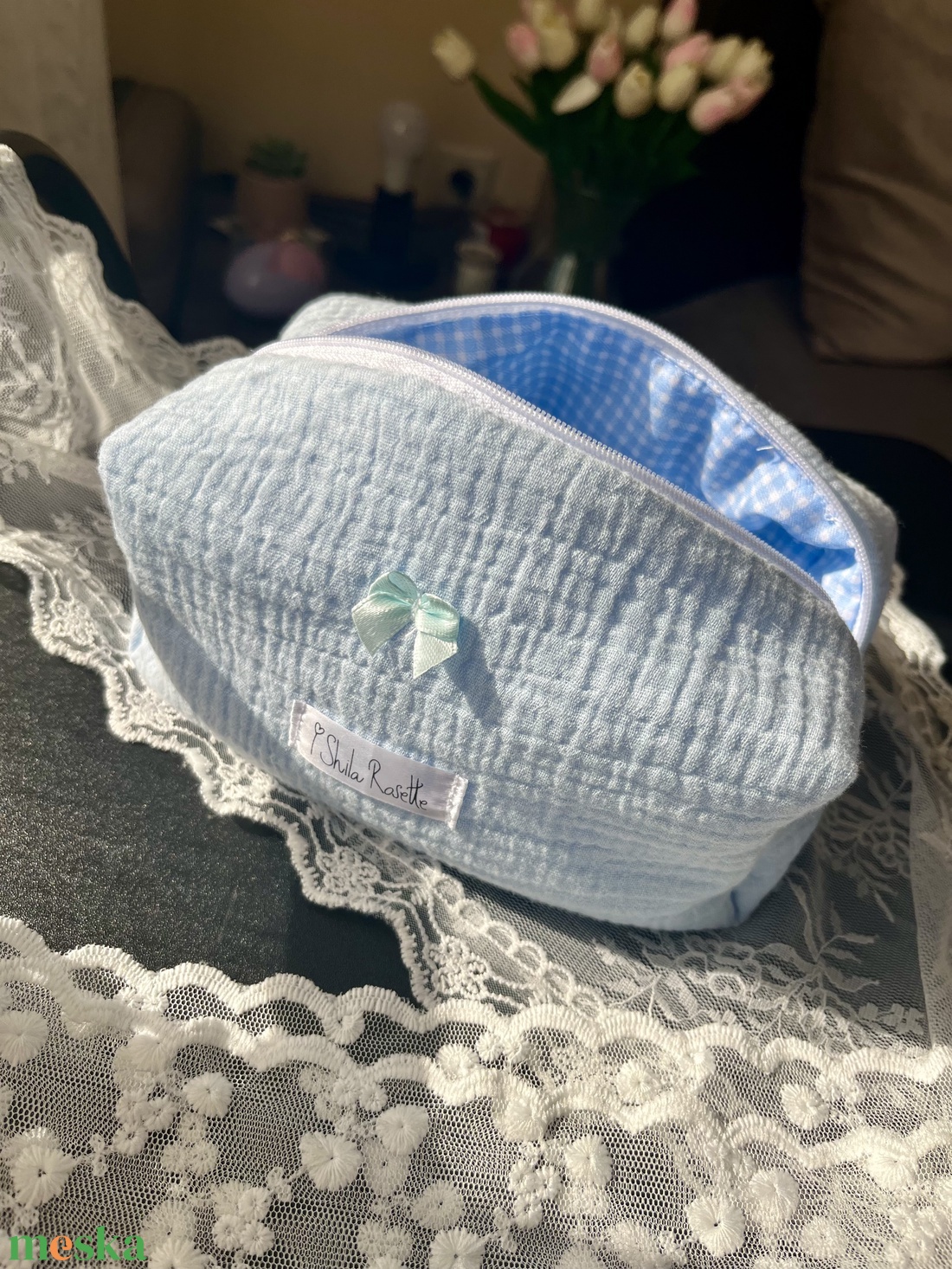 'Luna' Beauty Case pamut neszesszer masnival és kockás béléssel - táska & tok - neszesszer - Meska.hu