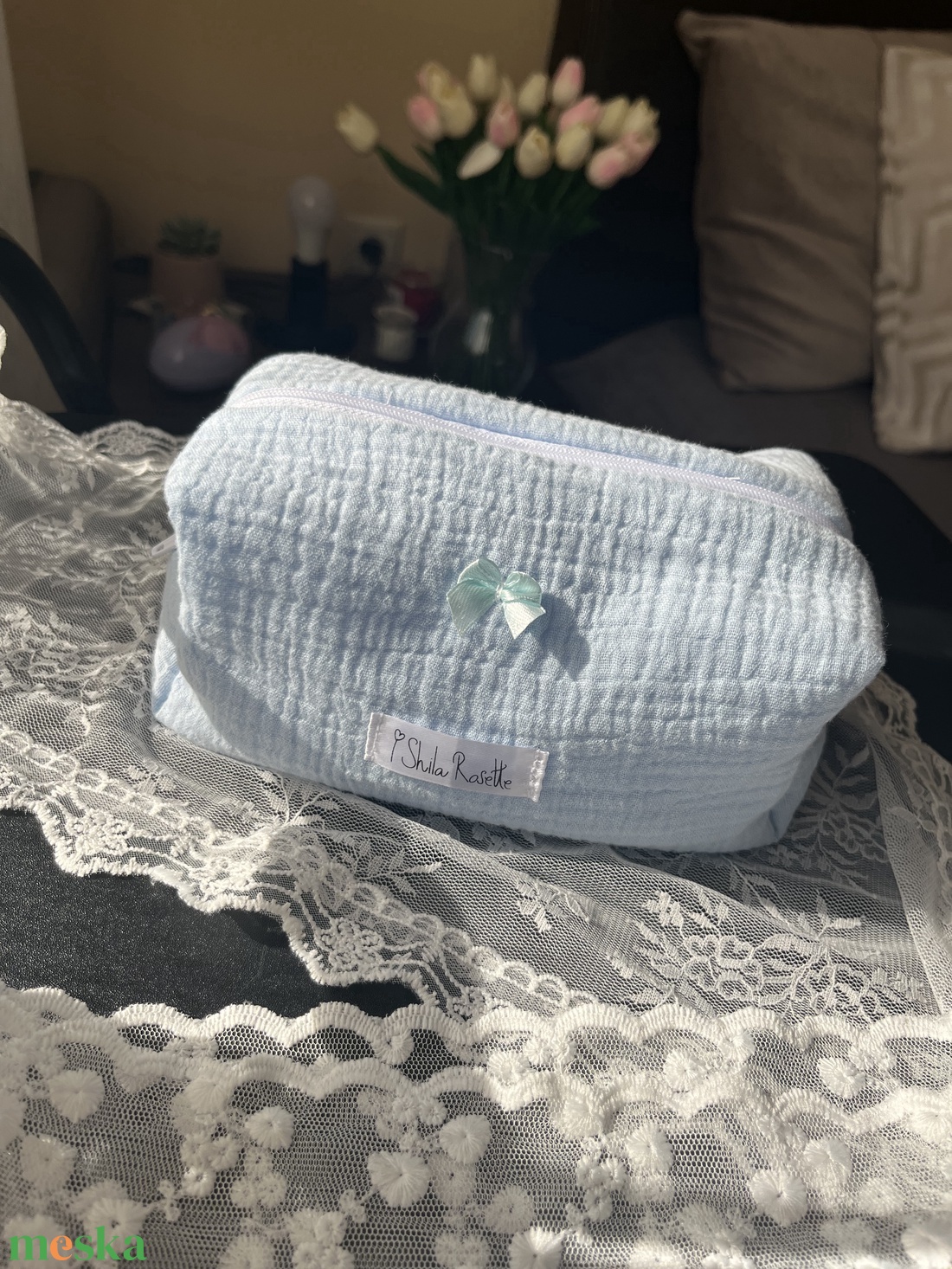 'Luna' Beauty Case pamut neszesszer masnival és kockás béléssel - táska & tok - neszesszer - Meska.hu