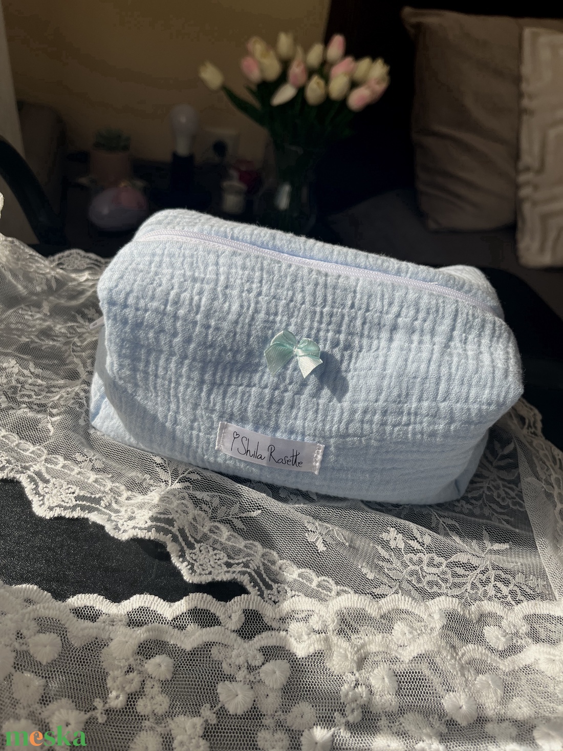 'Luna' Beauty Bag pamut neszesszer masnival és kockás béléssel - táska & tok - neszesszer - Meska.hu
