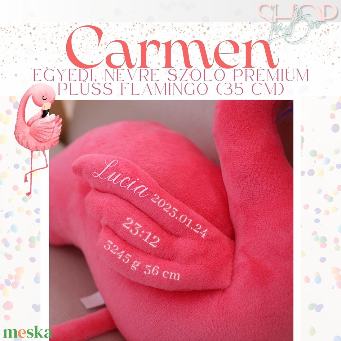 Carmen - Prémium emlékőr plüss flamingó (35 cm) - otthon & életmód - babaszoba, gyerekszoba - gyerek díszpárna - Meska.hu
