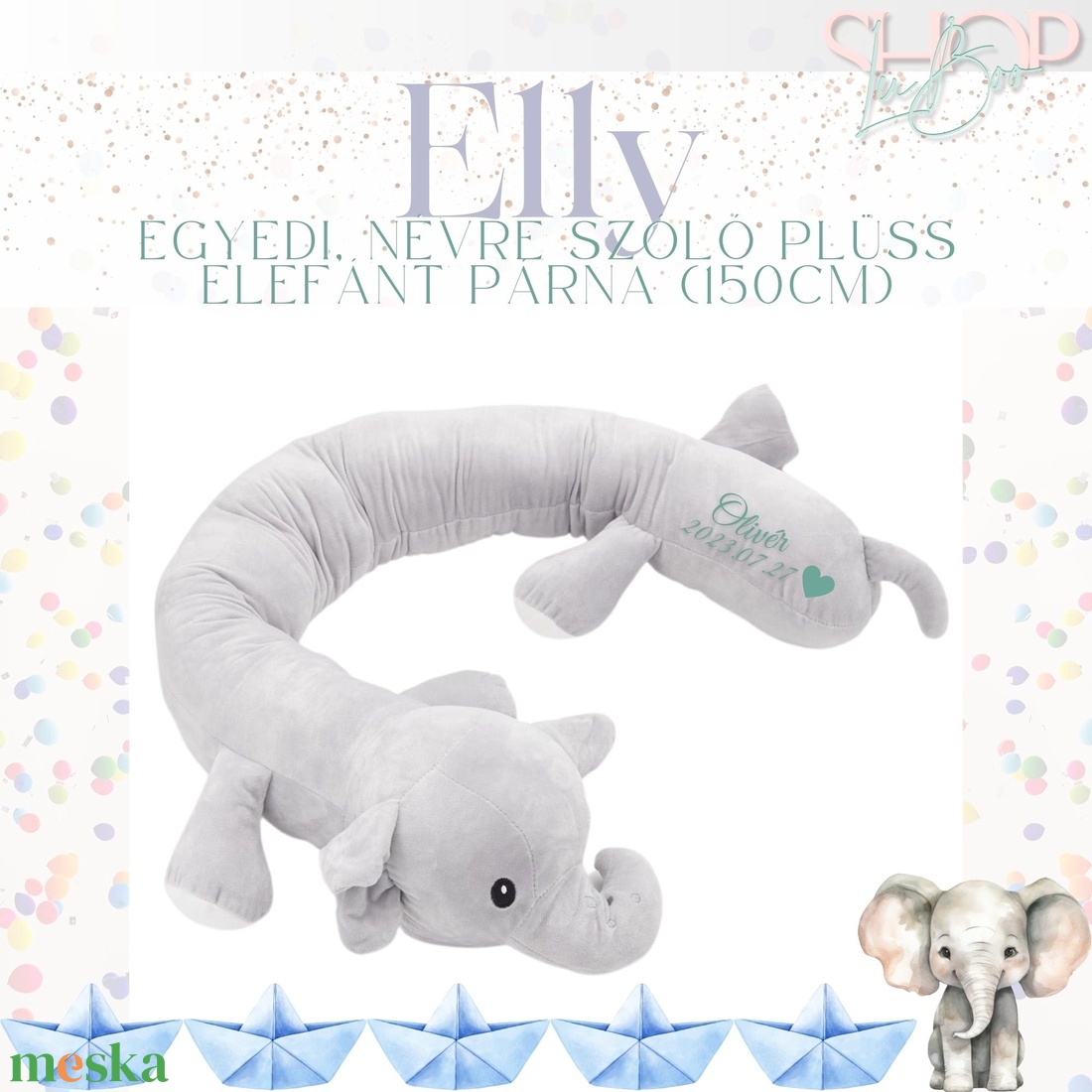 Elly - Óriás, névre szóló plüss elefánt párna (150cm) - otthon & életmód - babaszoba, gyerekszoba - gyerek díszpárna - Meska.hu