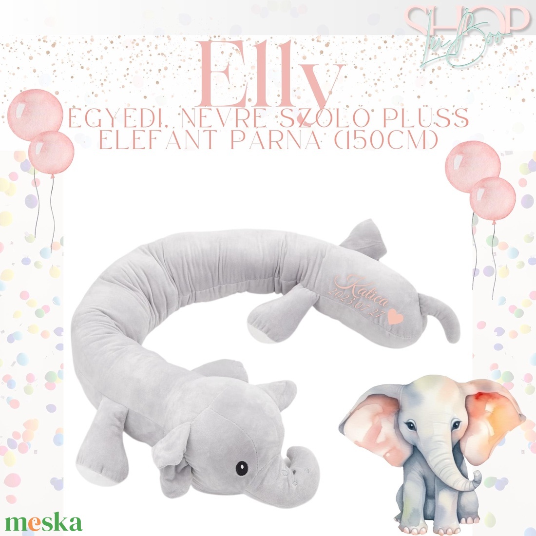 Elly - Óriás, névre szóló plüss elefánt párna (150cm) - otthon & életmód - babaszoba, gyerekszoba - gyerek díszpárna - Meska.hu