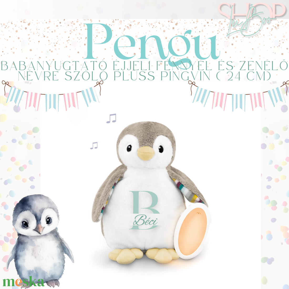 Pengu - Babanyugtató éjjeli fénnyel és zenélő névre szóló plüss pingvin ( 24 cm) - játék & sport - babalátogató ajándékcsomag - Meska.hu