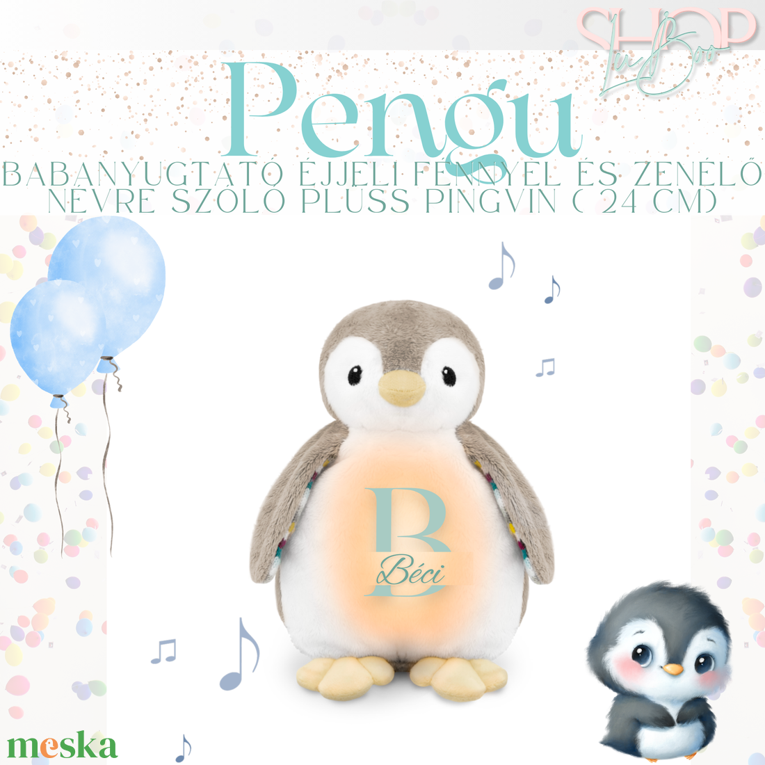 Pengu - Babanyugtató éjjeli fénnyel és zenélő névre szóló plüss pingvin ( 24 cm) - játék & sport - babalátogató ajándékcsomag - Meska.hu