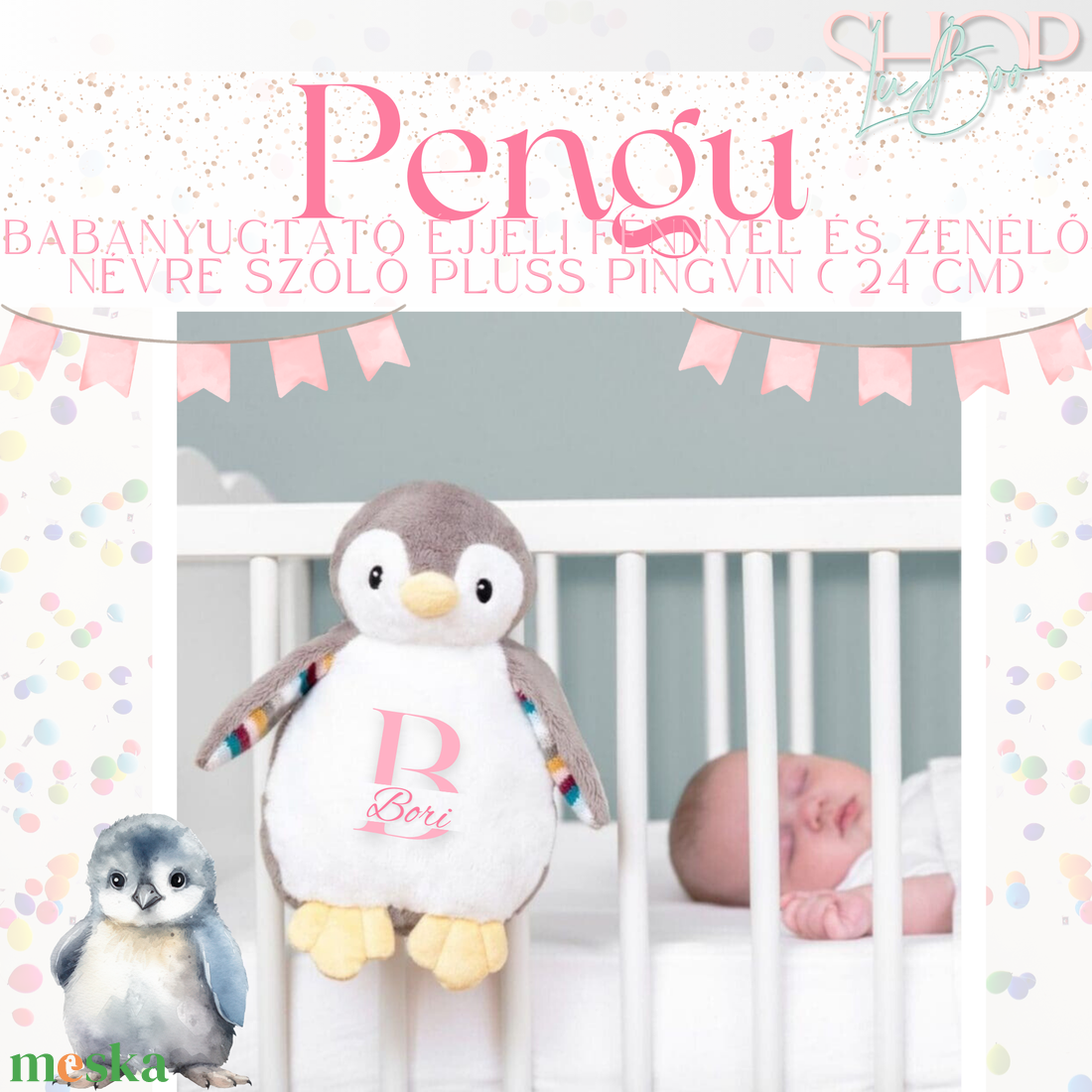 Pengu - Babanyugtató éjjeli fénnyel és zenélő névre szóló plüss pingvin ( 24 cm) - játék & sport - babalátogató ajándékcsomag - Meska.hu