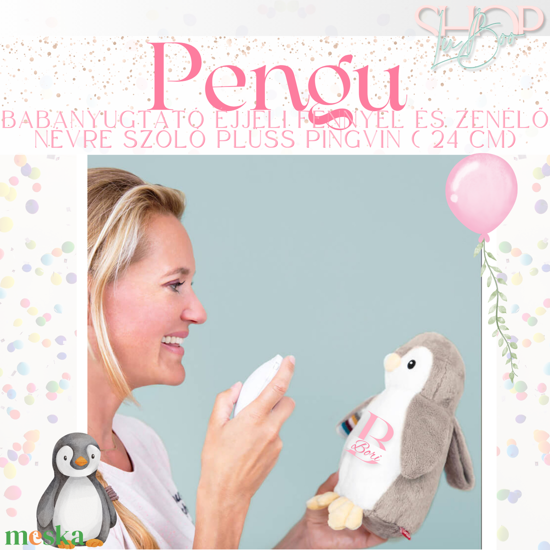 Pengu - Babanyugtató éjjeli fénnyel és zenélő névre szóló plüss pingvin ( 24 cm) - játék & sport - babalátogató ajándékcsomag - Meska.hu