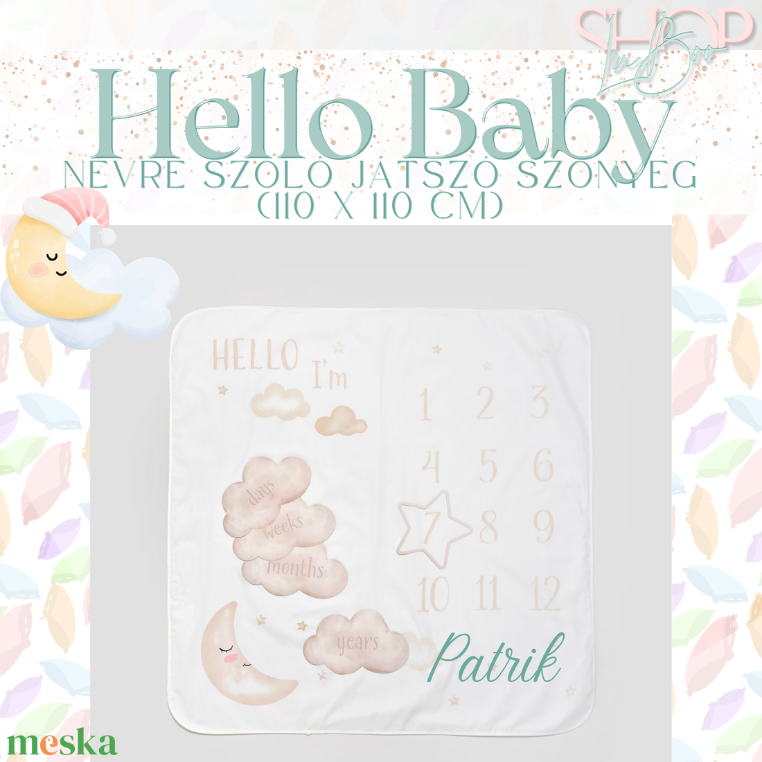 Hello Baby - Névre szóló mérföldkő szőnyeg (110 x 110 cm) - otthon & életmód - babaszoba, gyerekszoba - babatakaró, gyerek pléd - Meska.hu