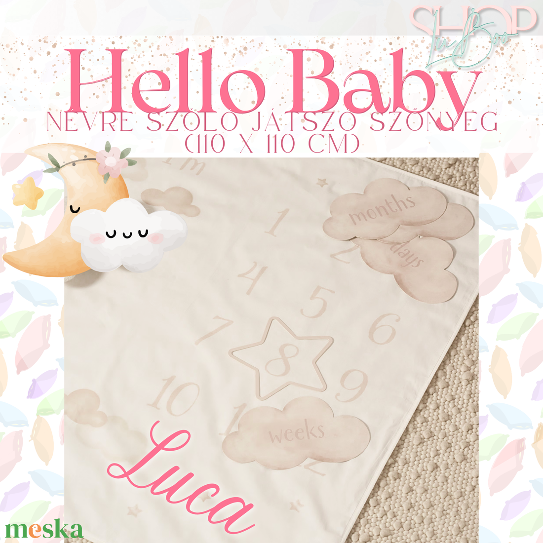 Hello Baby - Névre szóló mérföldkő szőnyeg (110 x 110 cm) - otthon & életmód - babaszoba, gyerekszoba - babatakaró, gyerek pléd - Meska.hu