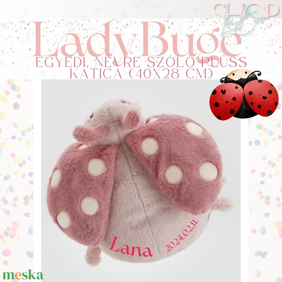 LadyBuge - Névre szóló plüss katica (40x28 cm) - játék & sport - babalátogató ajándékcsomag - Meska.hu