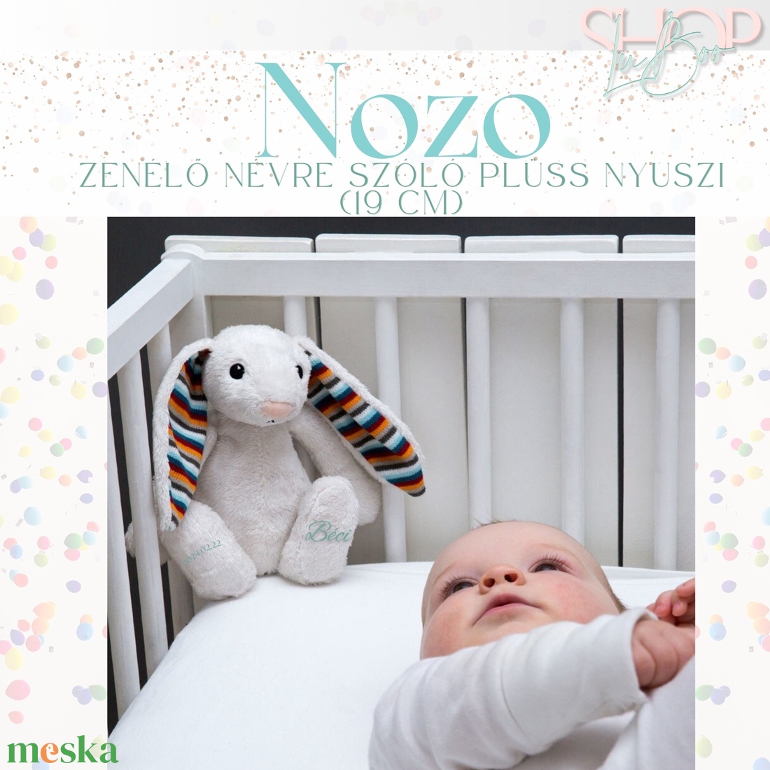 Nozo - Zenélő névre szóló plüss nyuszi (24 cm) - otthon & életmód - babaszoba, gyerekszoba - babaszoba dekoráció - Meska.hu