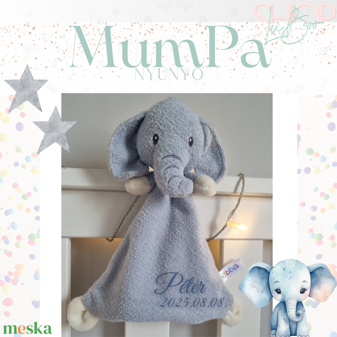 MumPa névre szóló elefánt nyúnyó (26 cm) - otthon & életmód - babaszoba, gyerekszoba - babatakaró, gyerek pléd - Meska.hu