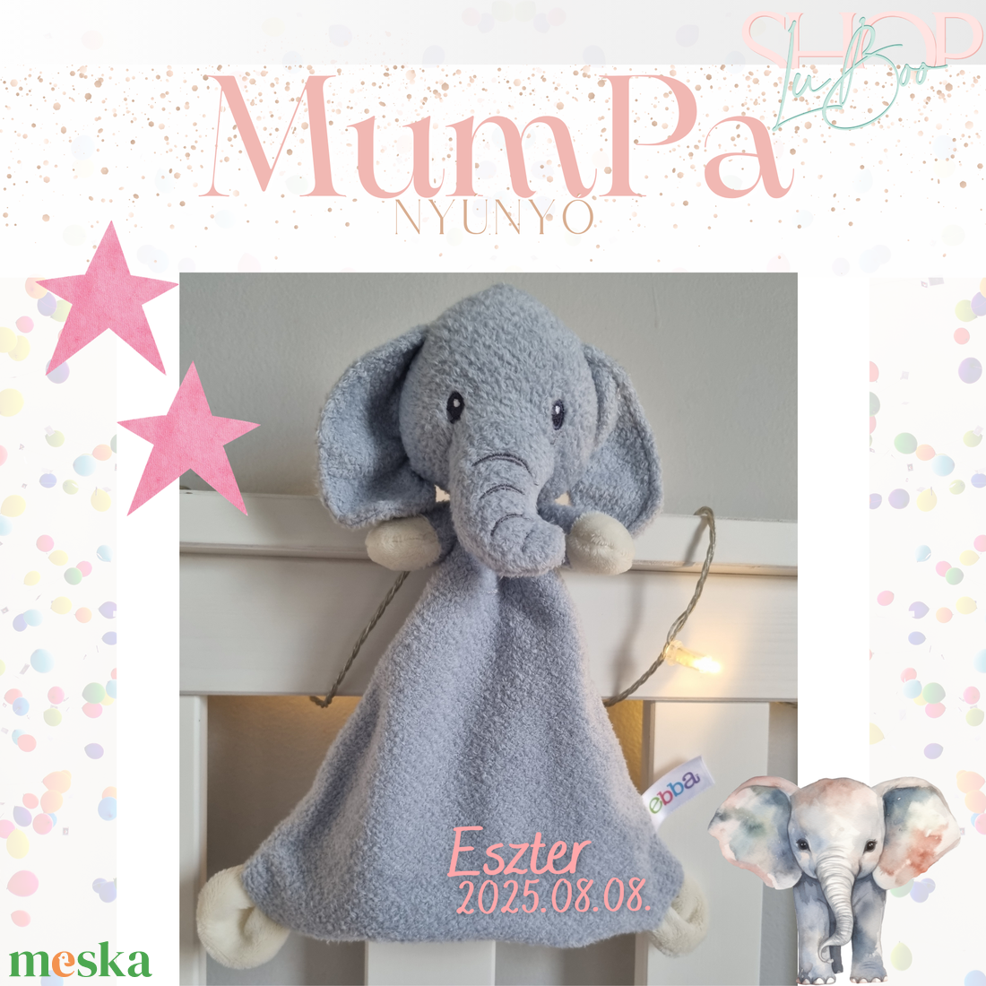 MumPa névre szóló elefánt nyúnyó (26 cm) - otthon & életmód - babaszoba, gyerekszoba - babatakaró, gyerek pléd - Meska.hu