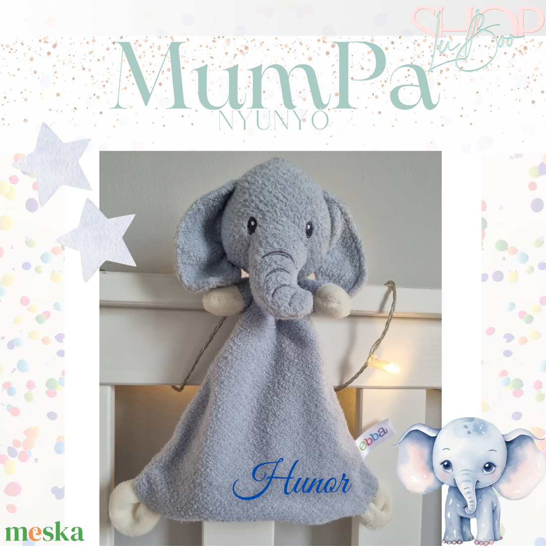 MumPa névre szóló elefánt nyúnyó (26 cm) - otthon & életmód - babaszoba, gyerekszoba - babatakaró, gyerek pléd - Meska.hu