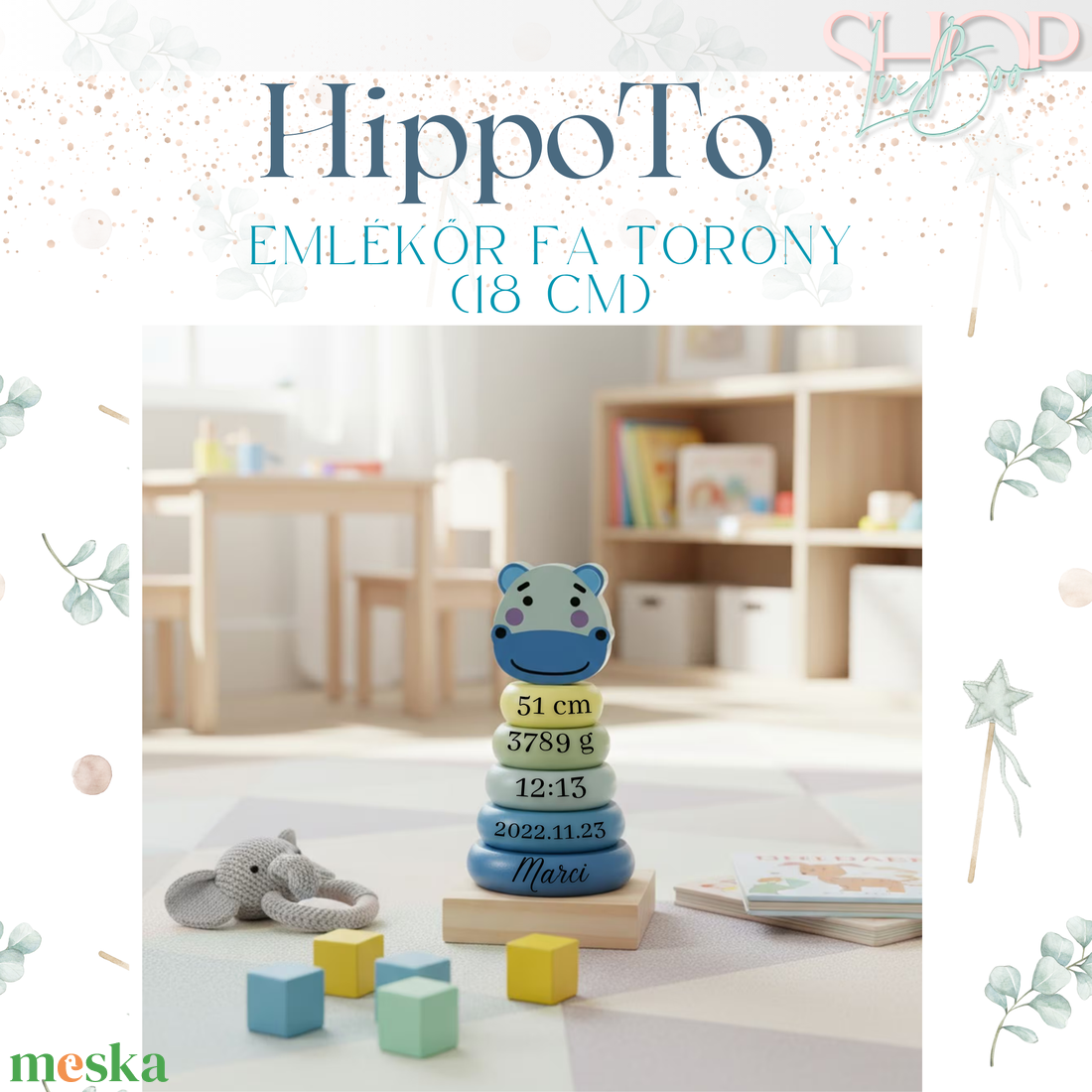 HippoTo - Emlékőr fa torony (18 cm) - játék & sport - készségfejlesztő és logikai játék - toronyépítő- és egyensúlyozó játékok - Meska.hu