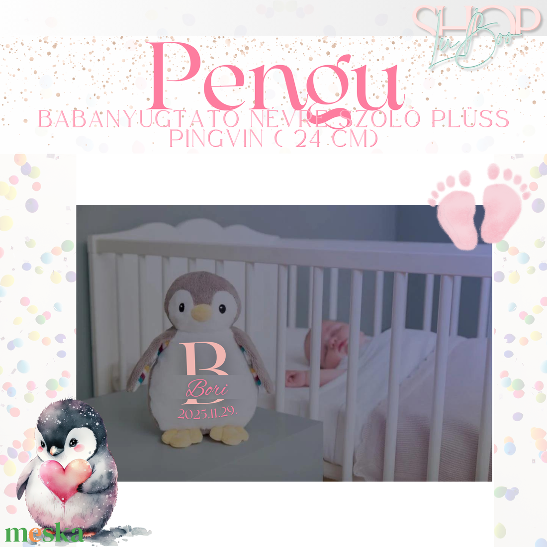 Pengu - Babanyugtató éjjeli fénnyel és zenélő névre szóló plüss pingvin ( 24 cm) - játék & sport - plüssállat & játékfigura - más figura - Meska.hu